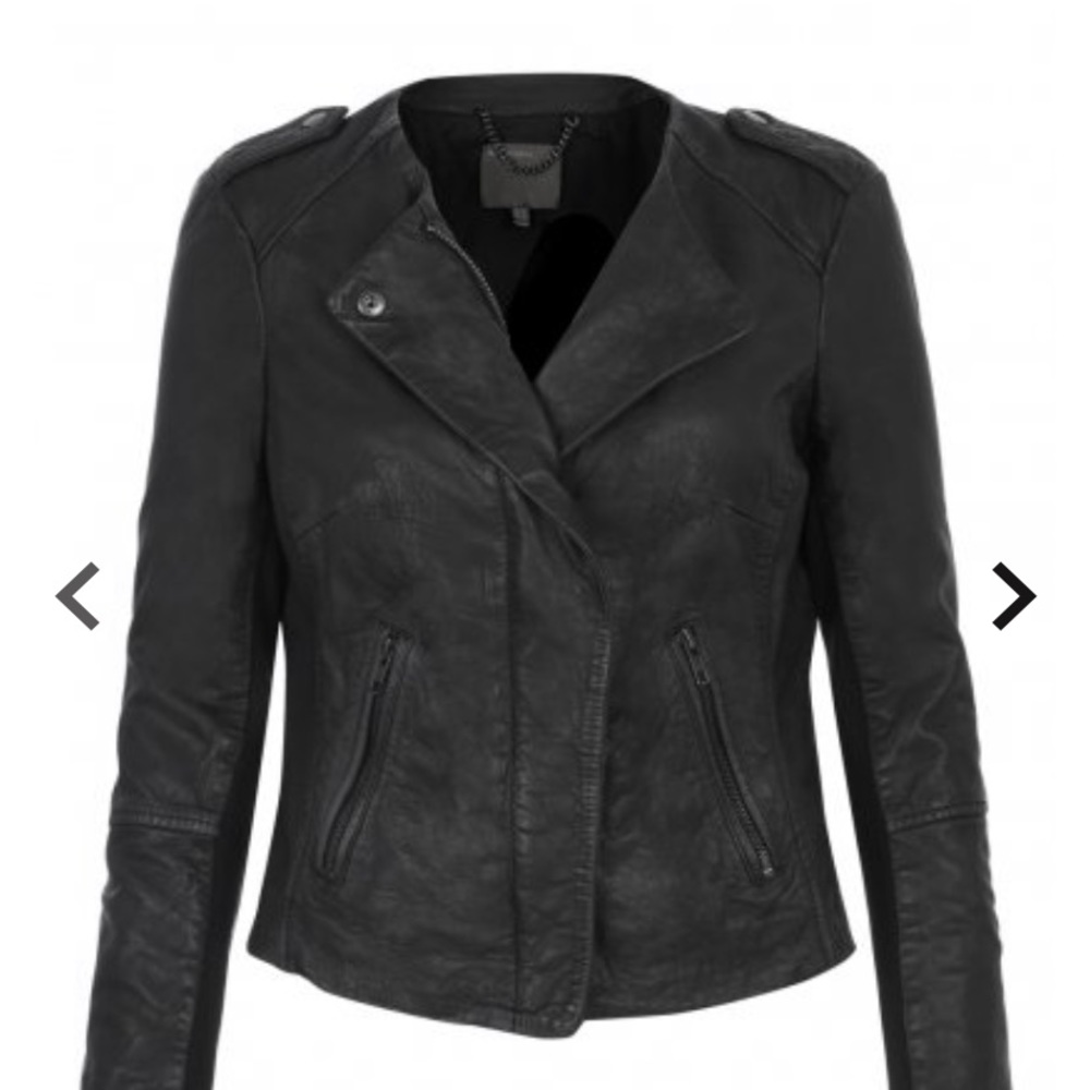 Zaire Leather Collarless Biker Jacket in Black; US size 8
